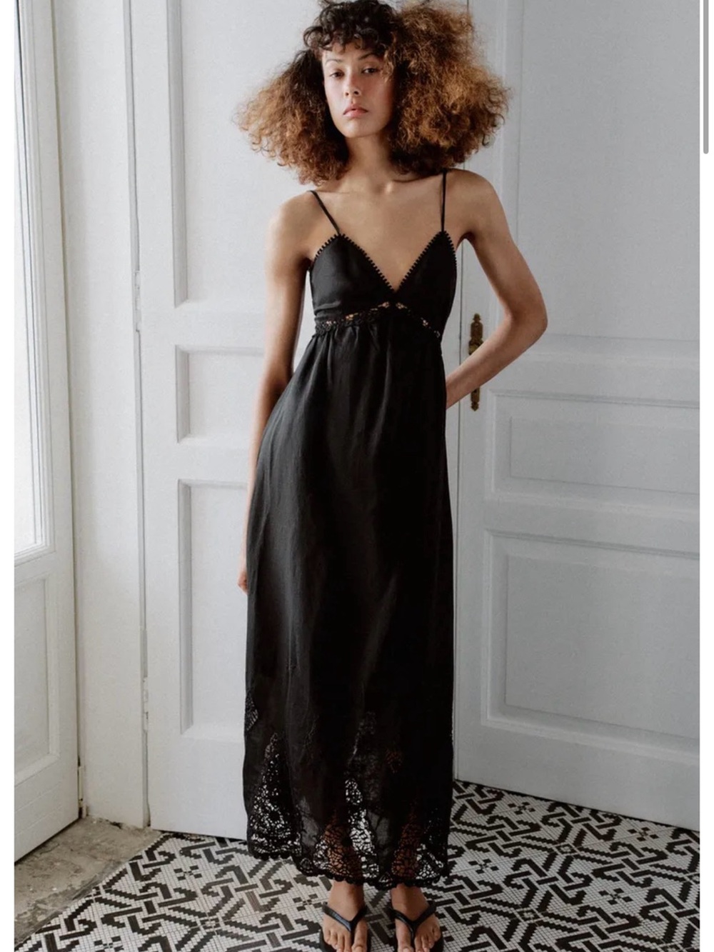 Zara Black Lace-Trim Slip Maxi Dress